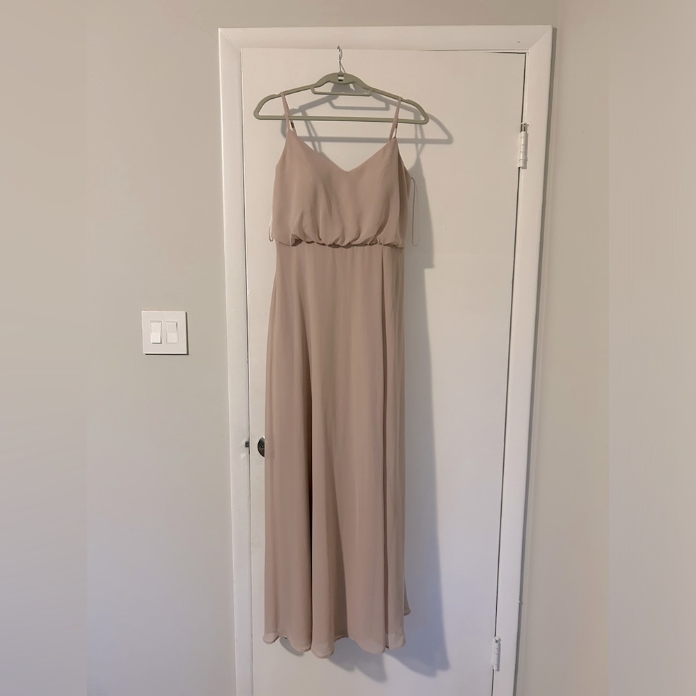 Taupe Birdy Grey floor length dress size large, hemmed for 5’2-5’6.